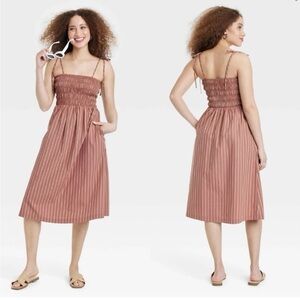 Striped Brown Midi Dress with Tie Straps